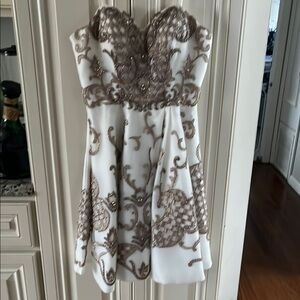 Elegant White and Brown Embroidered Dress jr prom